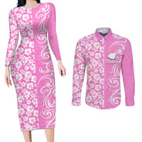 Hawaii Kauai Island Couples Matching Long Sleeve Bodycon Dress and Long Sleeve Button Shirts Hibiscus Pattern Seamless Tribal Simple Pink LT03 Pink - Polynesian Pride