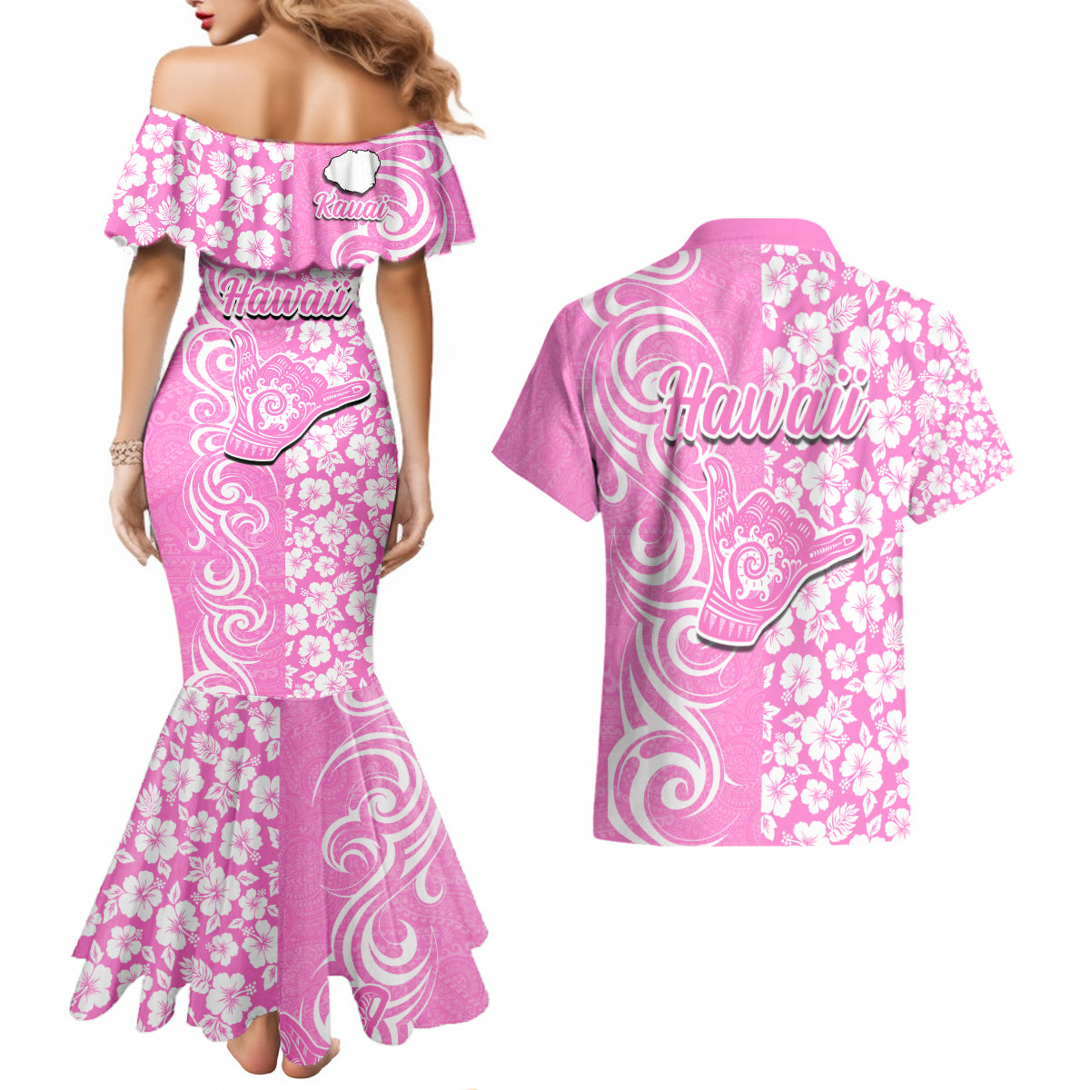 Hawaii Kauai Island Couples Matching Mermaid Dress and Hawaiian Shirt Hibiscus Pattern Seamless Tribal Simple Pink LT03 - Polynesian Pride
