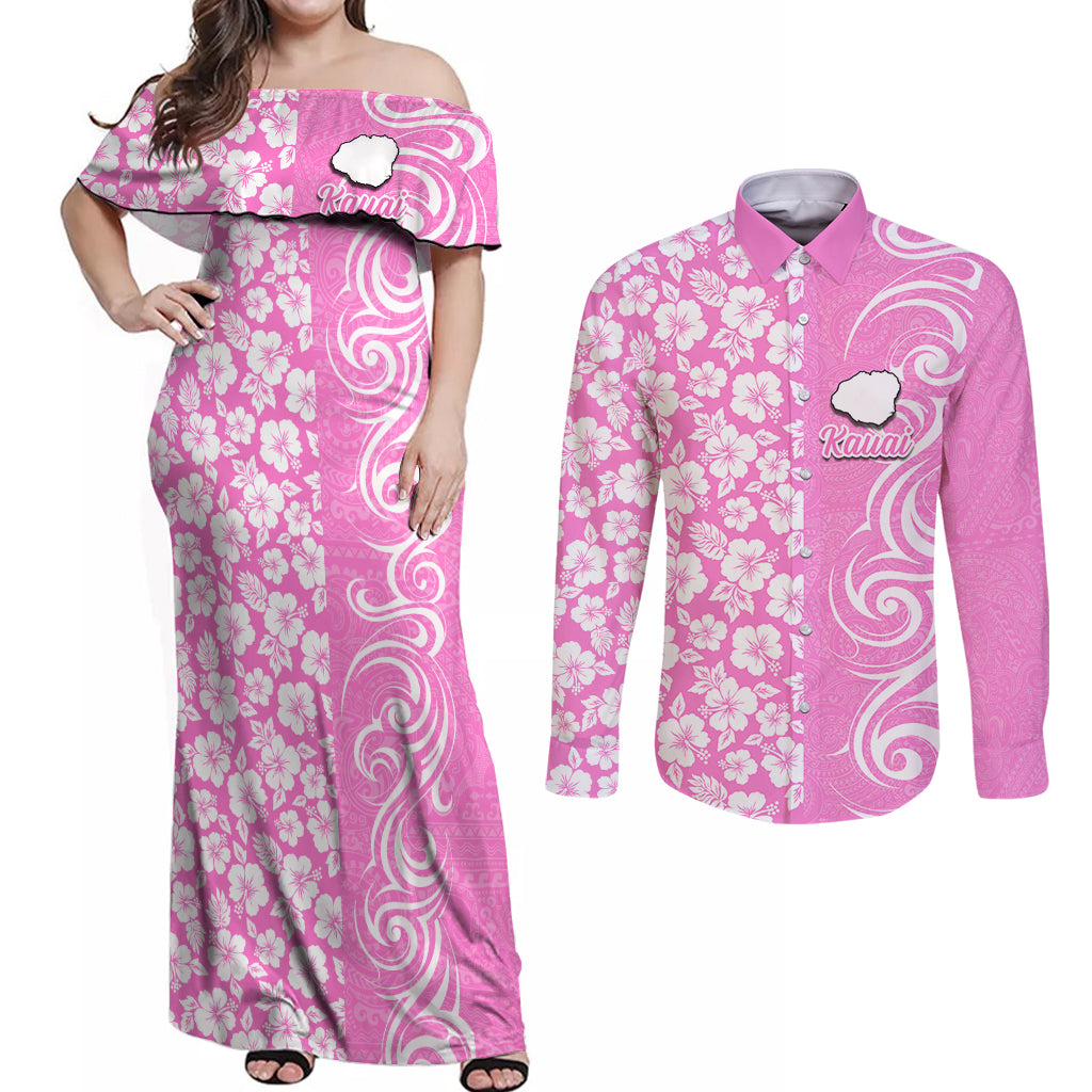 Hawaii Kauai Island Couples Matching Off Shoulder Maxi Dress and Long Sleeve Button Shirts Hibiscus Pattern Seamless Tribal Simple Pink LT03 Pink - Polynesian Pride
