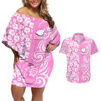 Hawaii Kauai Island Couples Matching Off Shoulder Short Dress and Hawaiian Shirt Hibiscus Pattern Seamless Tribal Simple Pink LT03 Pink - Polynesian Pride