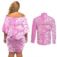 Hawaii Kauai Island Couples Matching Off Shoulder Short Dress and Long Sleeve Button Shirts Hibiscus Pattern Seamless Tribal Simple Pink LT03 - Polynesian Pride