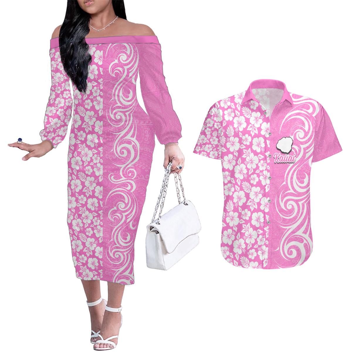 Hawaii Kauai Island Couples Matching Off The Shoulder Long Sleeve Dress and Hawaiian Shirt Hibiscus Pattern Seamless Tribal Simple Pink LT03 Pink - Polynesian Pride