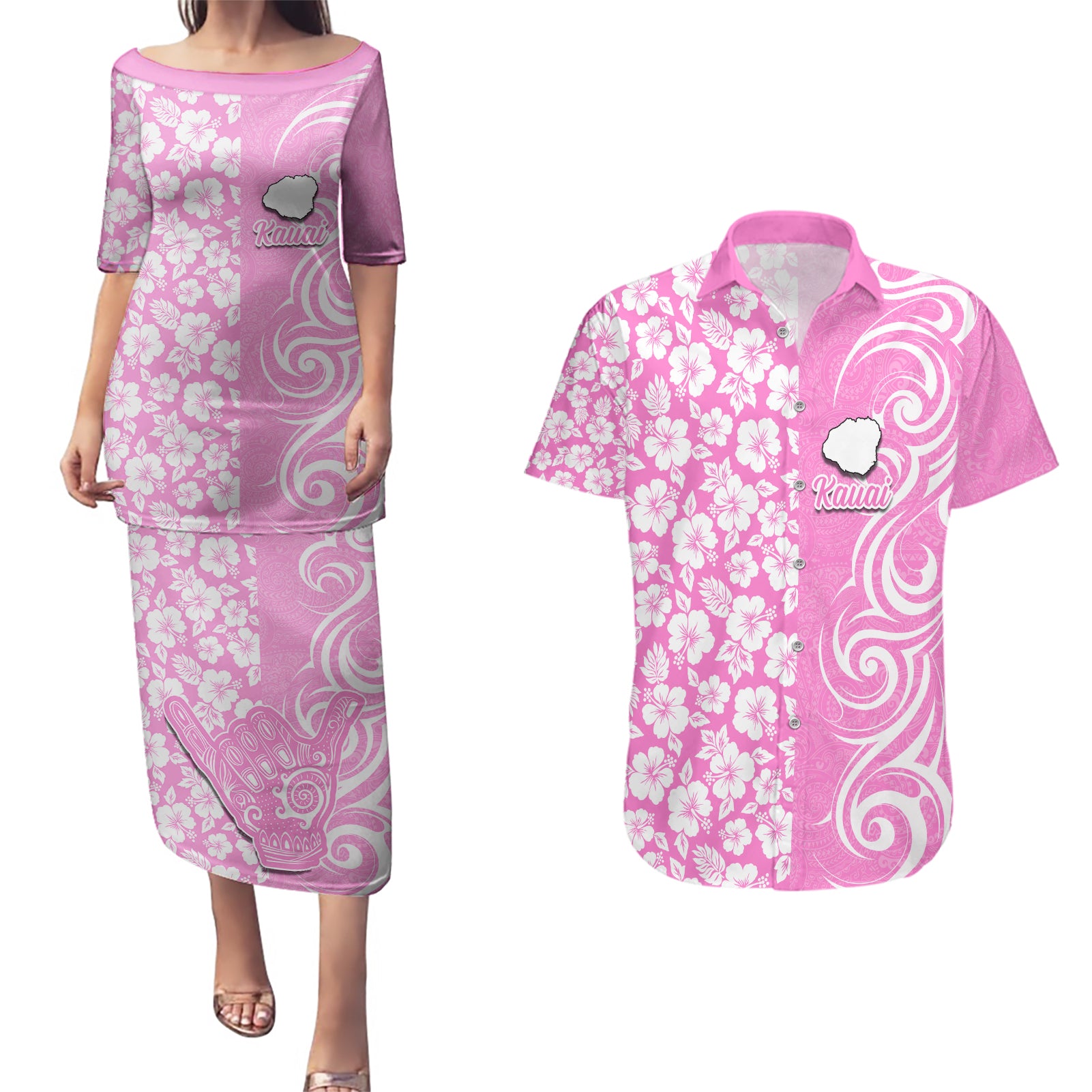 Hawaii Kauai Island Couples Matching Puletasi Dress and Hawaiian Shirt Hibiscus Pattern Seamless Tribal Simple Pink LT03 Pink - Polynesian Pride