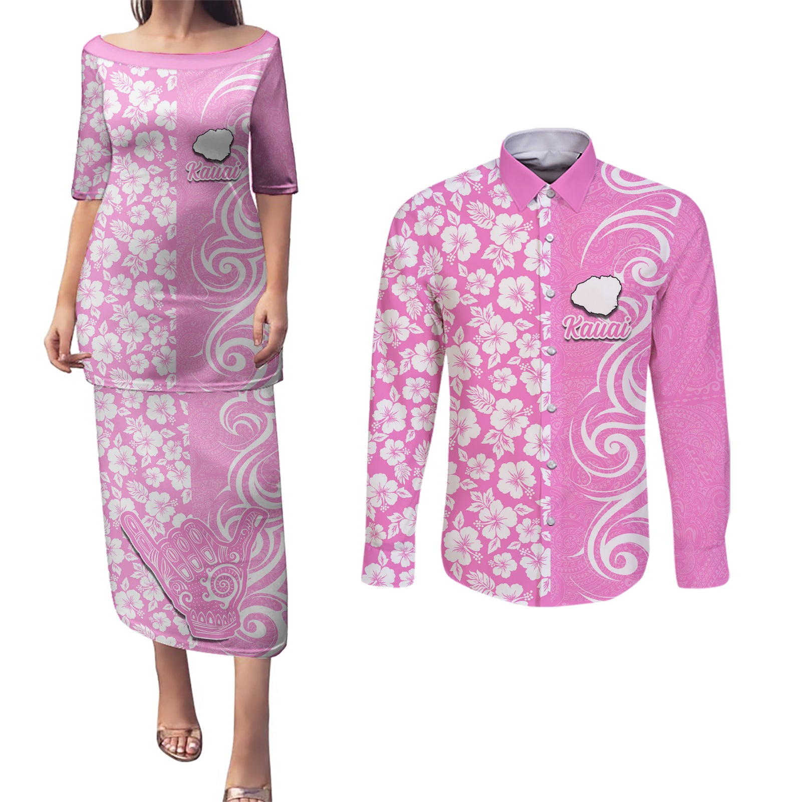 Hawaii Kauai Island Couples Matching Puletasi Dress and Long Sleeve Button Shirts Hibiscus Pattern Seamless Tribal Simple Pink LT03 Pink - Polynesian Pride