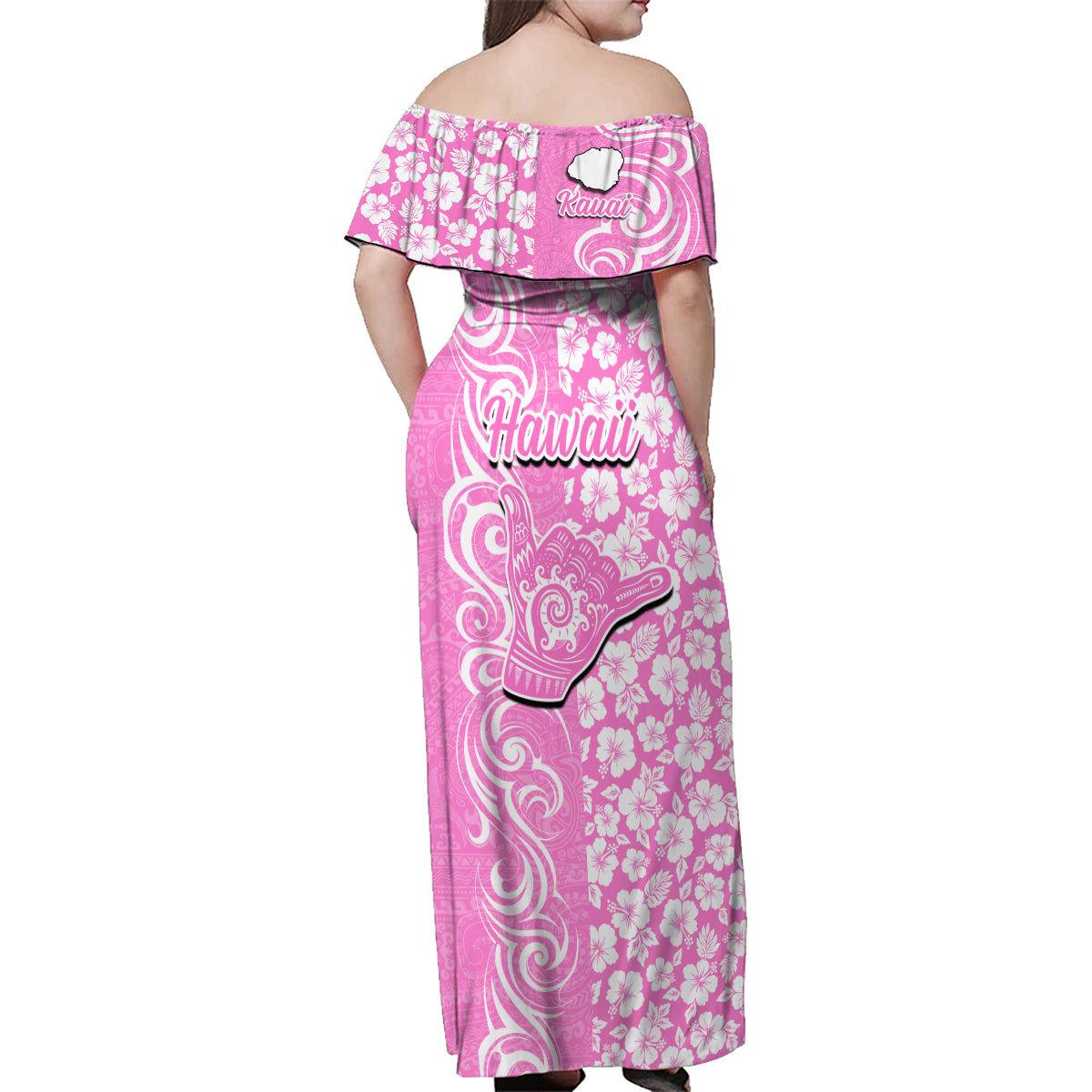 Hawaii Kauai Island Family Matching Off Shoulder Maxi Dress and Hawaiian Shirt Hibiscus Pattern Seamless Tribal Simple Pink LT03 - Polynesian Pride