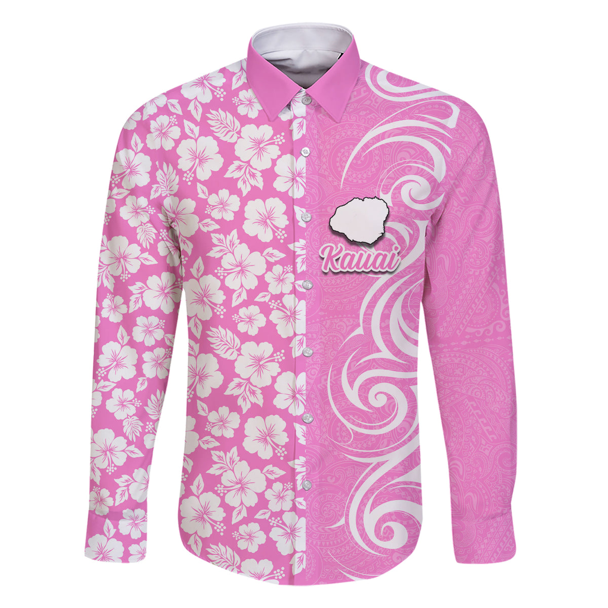 Hawaii Kauai Island Family Matching Short Sleeve Bodycon Dress and Hawaiian Shirt Hibiscus Pattern Seamless Tribal Simple Pink LT03 Dad's Shirt - Long Sleeve Pink - Polynesian Pride