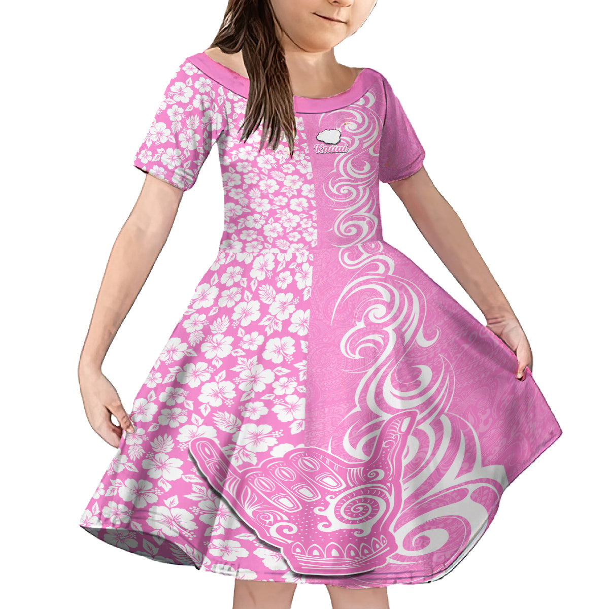 Hawaii Kauai Island Family Matching Summer Maxi Dress and Hawaiian Shirt Hibiscus Pattern Seamless Tribal Simple Pink LT03 Daughter's Dress Pink - Polynesian Pride