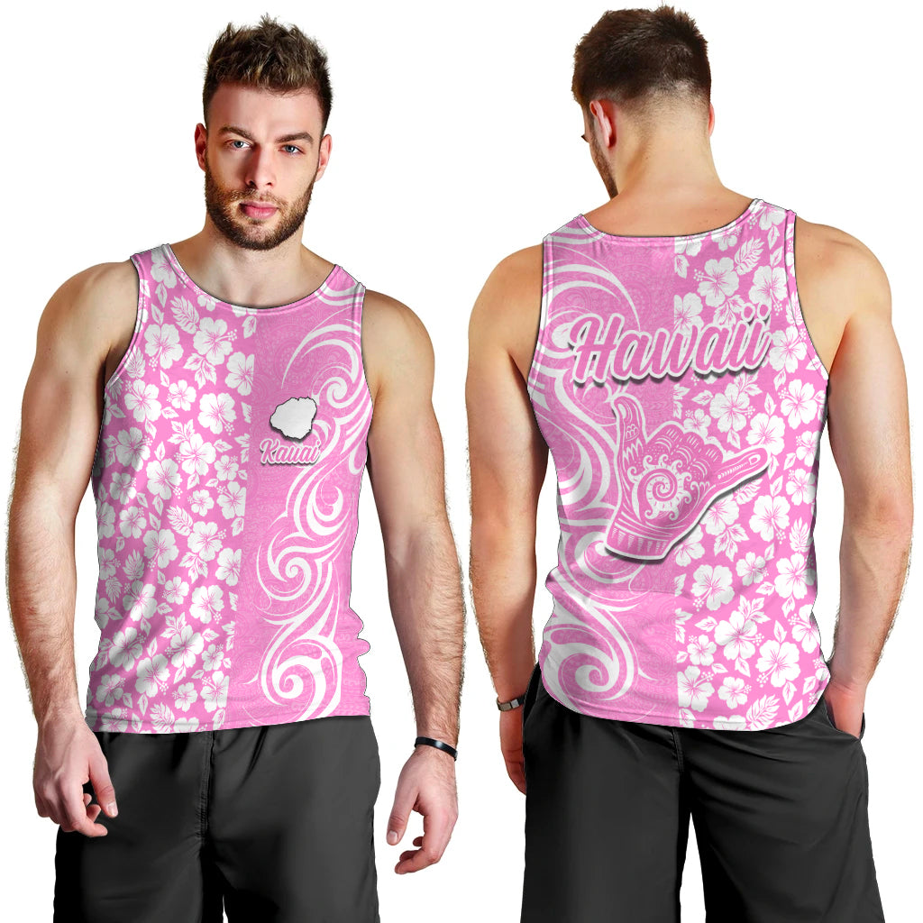 Hawaii Kauai Island Men Tank Top Hibiscus Pattern Seamless Tribal Simple Pink LT03 - Polynesian Pride