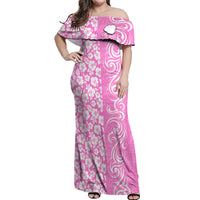 Hawaii Kauai Island Off Shoulder Maxi Dress Hibiscus Pattern Seamless Tribal Simple Pink LT03 Women Pink - Polynesian Pride