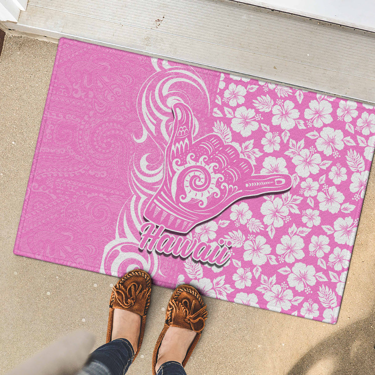 Hawaii Kauai Island Rubber Doormat Hibiscus Pattern Seamless Tribal Simple Pink LT03 - Polynesian Pride