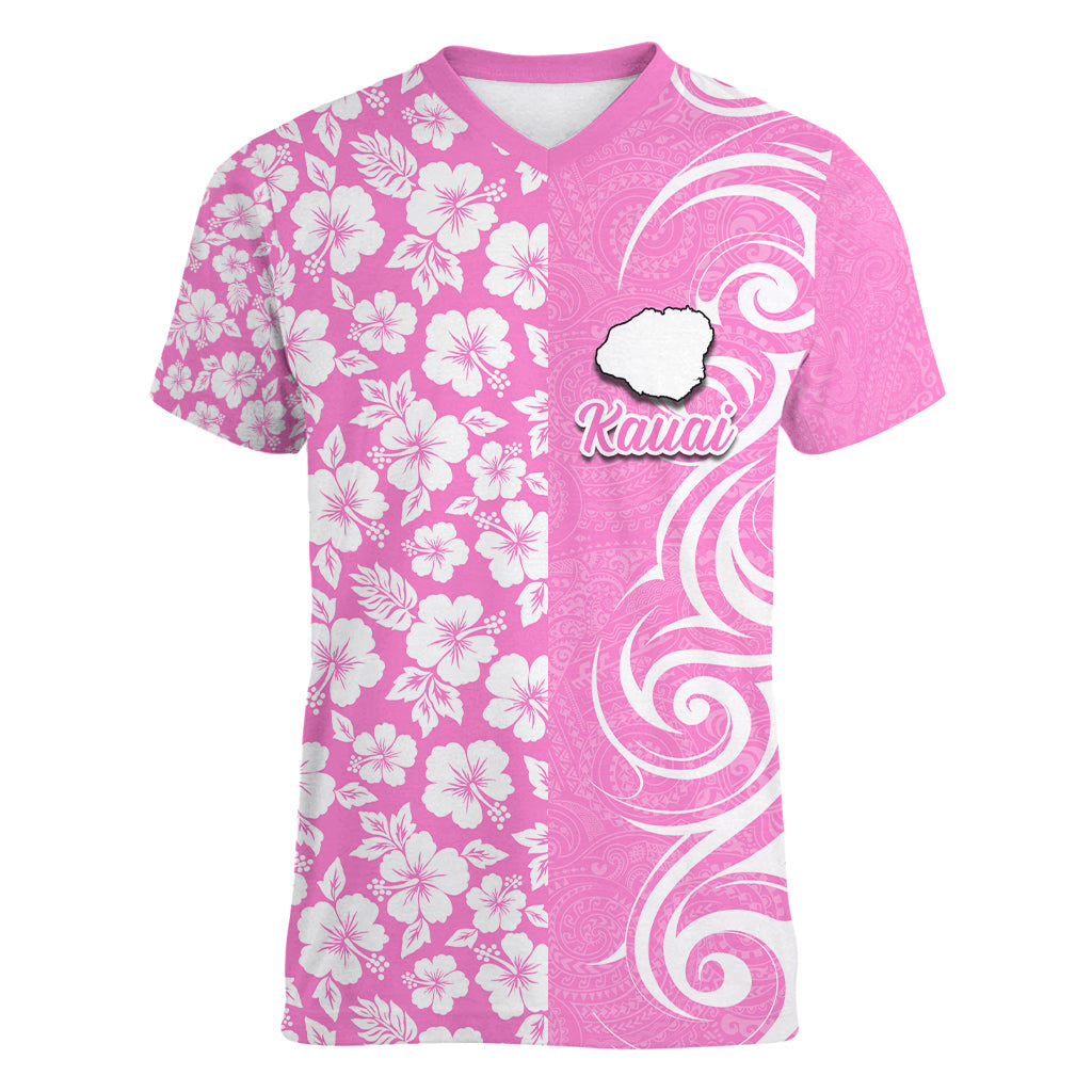 Hawaii Kauai Island Women V Neck T Shirt Hibiscus Pattern Seamless Tribal Simple Pink LT03 Female Pink - Polynesian Pride