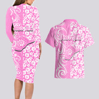 Custom Hawaii Kauai Island Couples Matching Long Sleeve Bodycon Dress and Hawaiian Shirt Hibiscus Pattern Seamless Tribal Simple Pink LT03 - Polynesian Pride