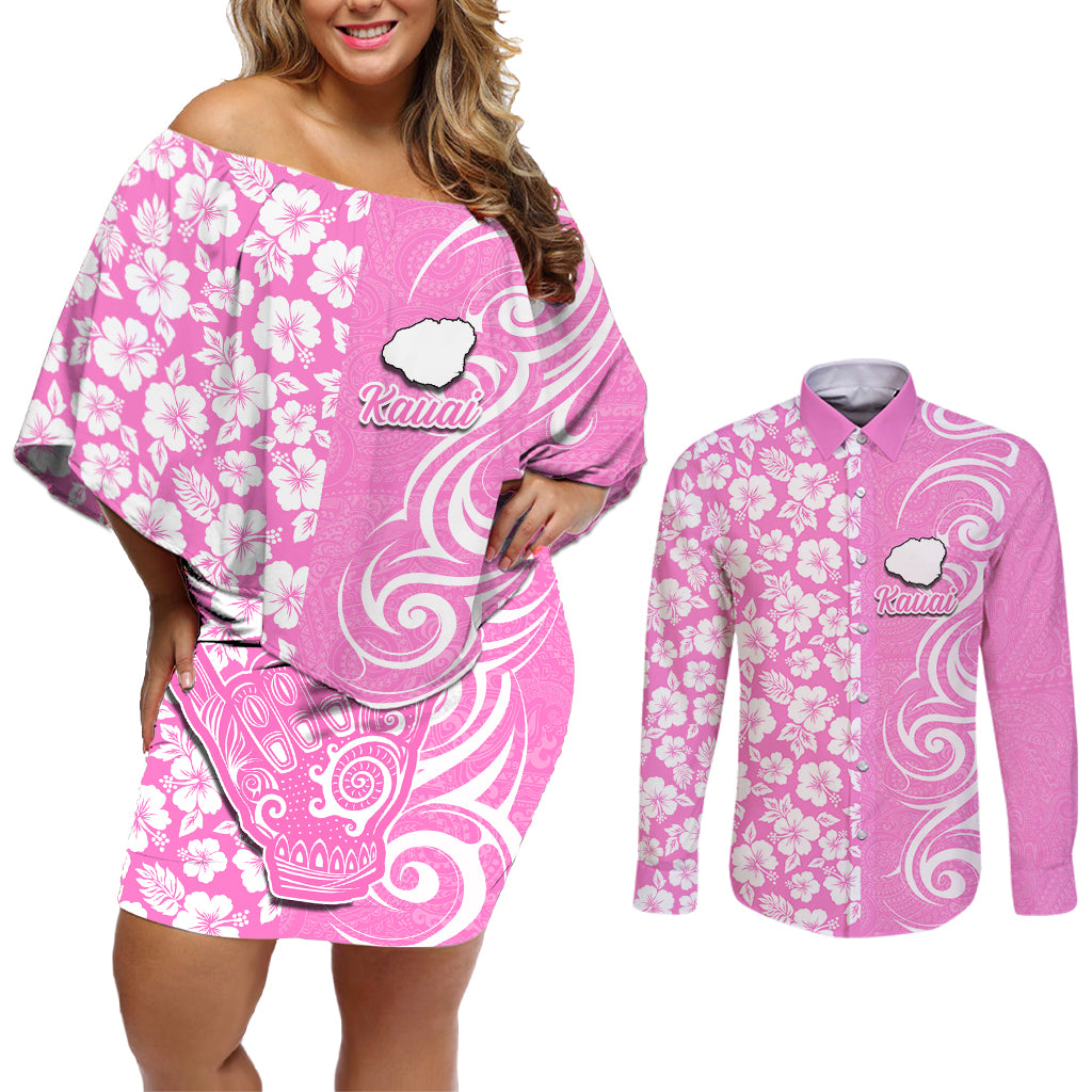 Custom Hawaii Kauai Island Couples Matching Off Shoulder Short Dress and Long Sleeve Button Shirts Hibiscus Pattern Seamless Tribal Simple Pink LT03 Pink - Polynesian Pride