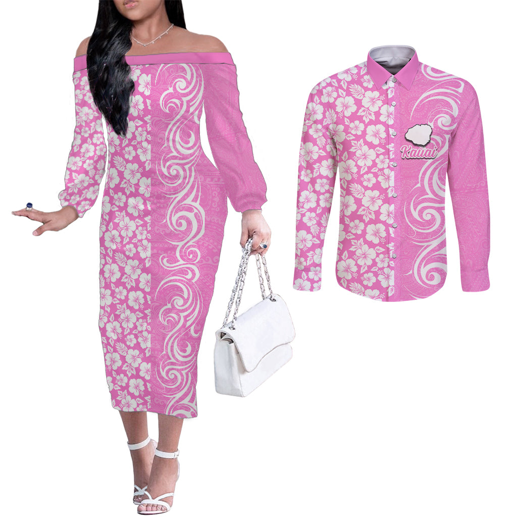 Custom Hawaii Kauai Island Couples Matching Off The Shoulder Long Sleeve Dress and Long Sleeve Button Shirts Hibiscus Pattern Seamless Tribal Simple Pink LT03 Pink - Polynesian Pride