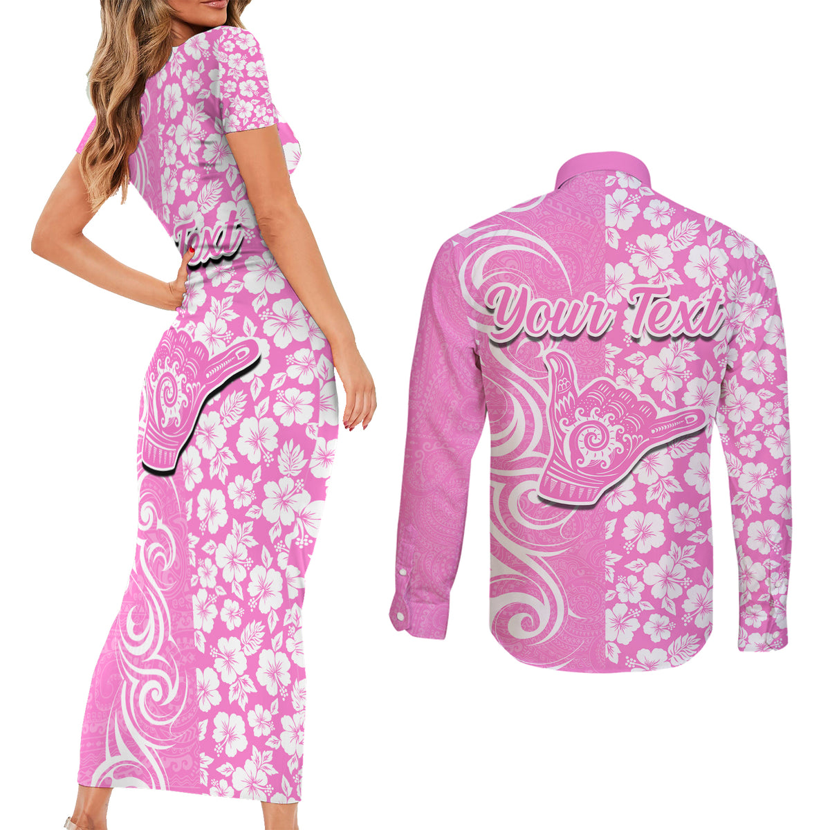 Custom Hawaii Kauai Island Couples Matching Short Sleeve Bodycon Dress and Long Sleeve Button Shirts Hibiscus Pattern Seamless Tribal Simple Pink LT03 - Polynesian Pride