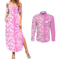 Custom Hawaii Kauai Island Couples Matching Summer Maxi Dress and Long Sleeve Button Shirts Hibiscus Pattern Seamless Tribal Simple Pink LT03 Pink - Polynesian Pride