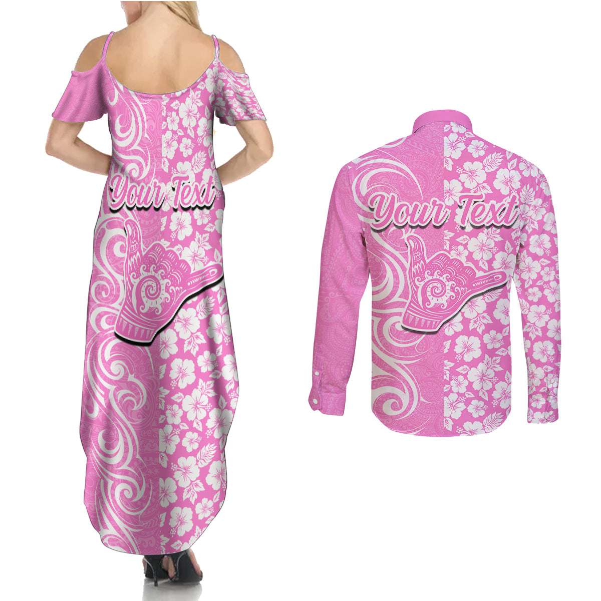 Custom Hawaii Kauai Island Couples Matching Summer Maxi Dress and Long Sleeve Button Shirts Hibiscus Pattern Seamless Tribal Simple Pink LT03 - Polynesian Pride