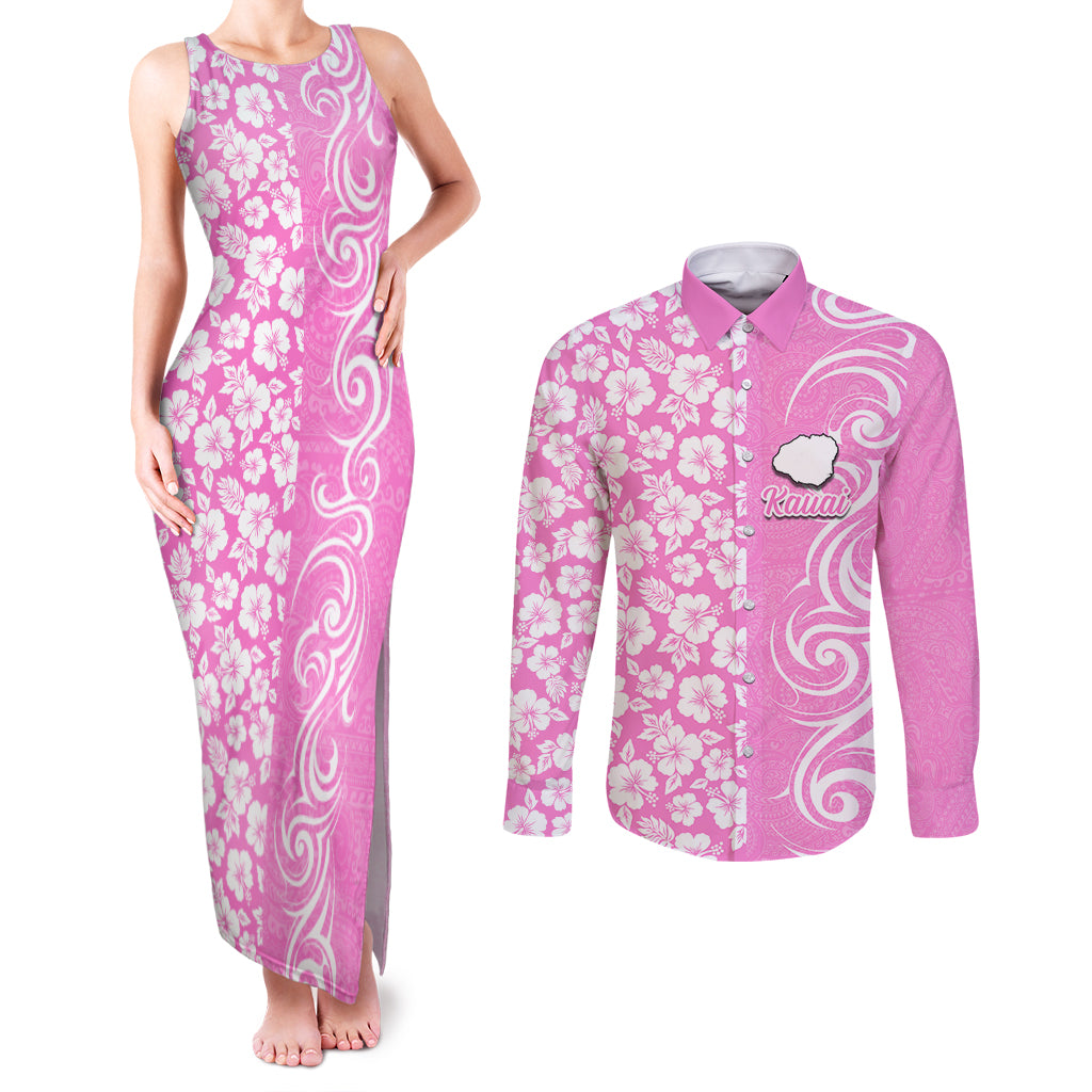 Custom Hawaii Kauai Island Couples Matching Tank Maxi Dress and Long Sleeve Button Shirts Hibiscus Pattern Seamless Tribal Simple Pink LT03 Pink - Polynesian Pride