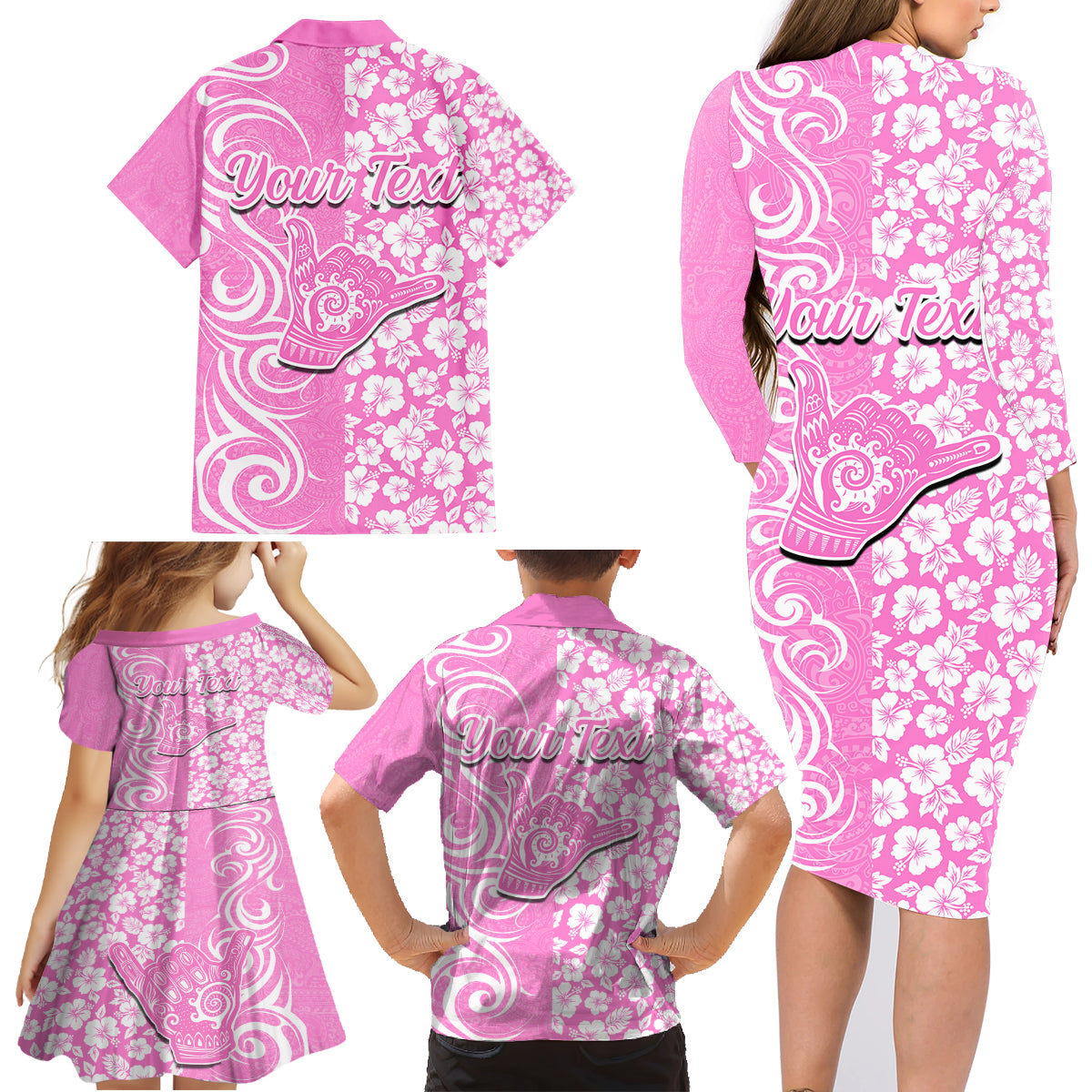 Custom Hawaii Kauai Island Family Matching Long Sleeve Bodycon Dress and Hawaiian Shirt Hibiscus Pattern Seamless Tribal Simple Pink LT03 - Polynesian Pride