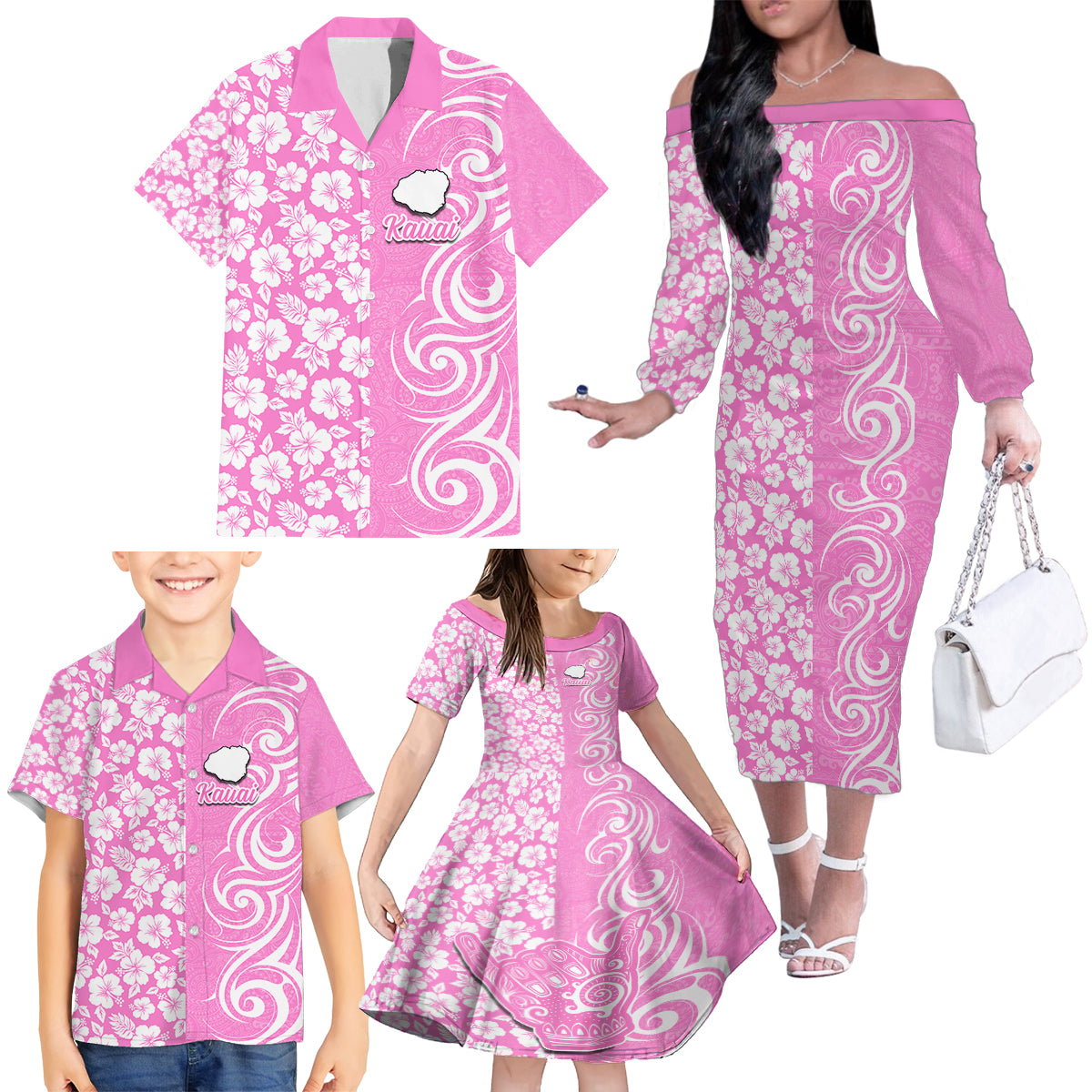 Custom Hawaii Kauai Island Family Matching Off Shoulder Long Sleeve Dress and Hawaiian Shirt Hibiscus Pattern Seamless Tribal Simple Pink LT03 - Polynesian Pride