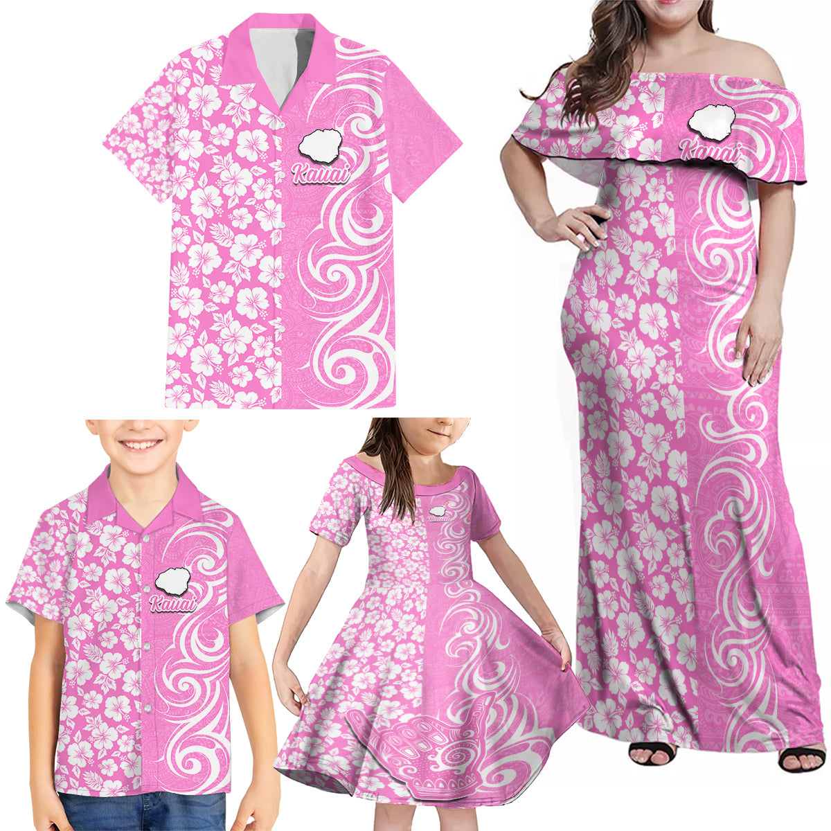 Custom Hawaii Kauai Island Family Matching Off Shoulder Maxi Dress and Hawaiian Shirt Hibiscus Pattern Seamless Tribal Simple Pink LT03 - Polynesian Pride