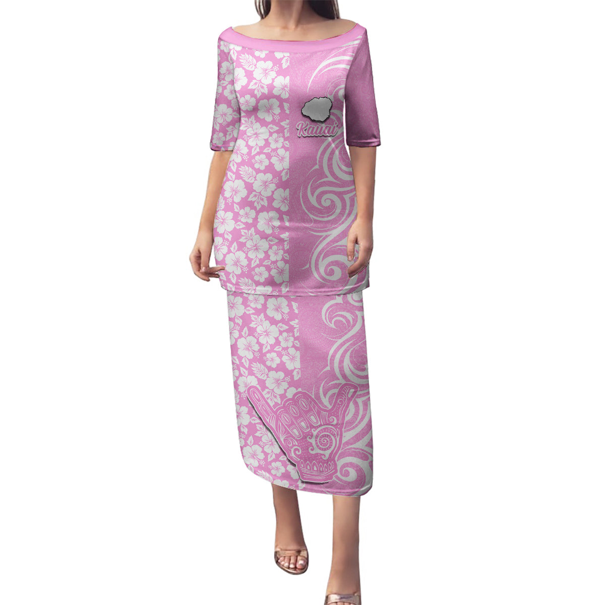 Custom Hawaii Kauai Island Family Matching Puletasi Dress and Hawaiian Shirt Hibiscus Pattern Seamless Tribal Simple Pink LT03 Mom's Dress Pink - Polynesian Pride