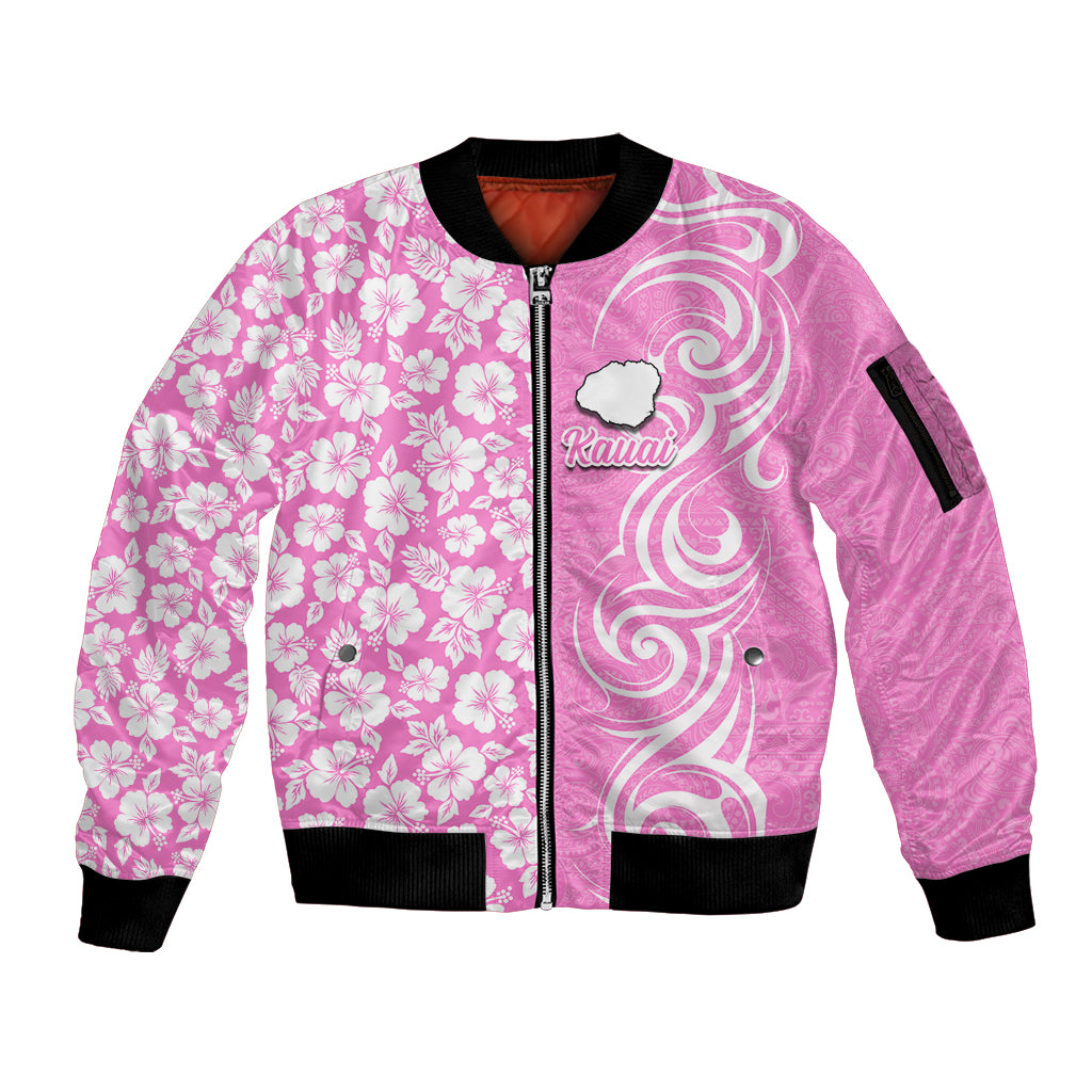 Custom Hawaii Kauai Island Sleeve Zip Bomber Jacket Hibiscus Pattern Seamless Tribal Simple Pink LT03 Unisex Pink - Polynesian Pride