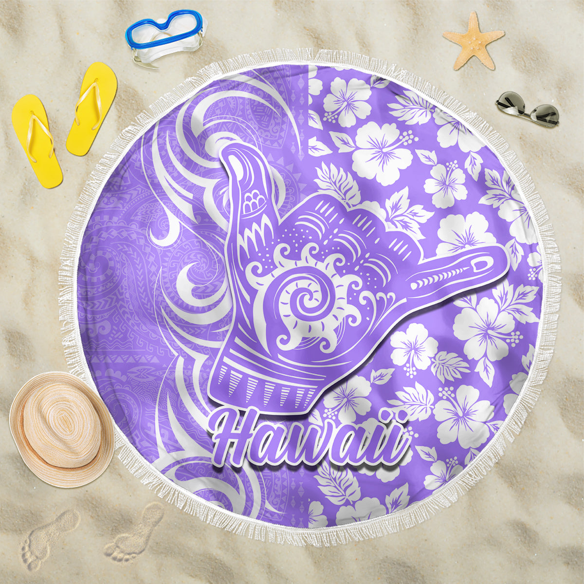 Hawaii Kauai Island Beach Blanket Hibiscus Pattern Seamless Tribal Simple Purple LT03 One Size 150cm Purple - Wonder Print Shop