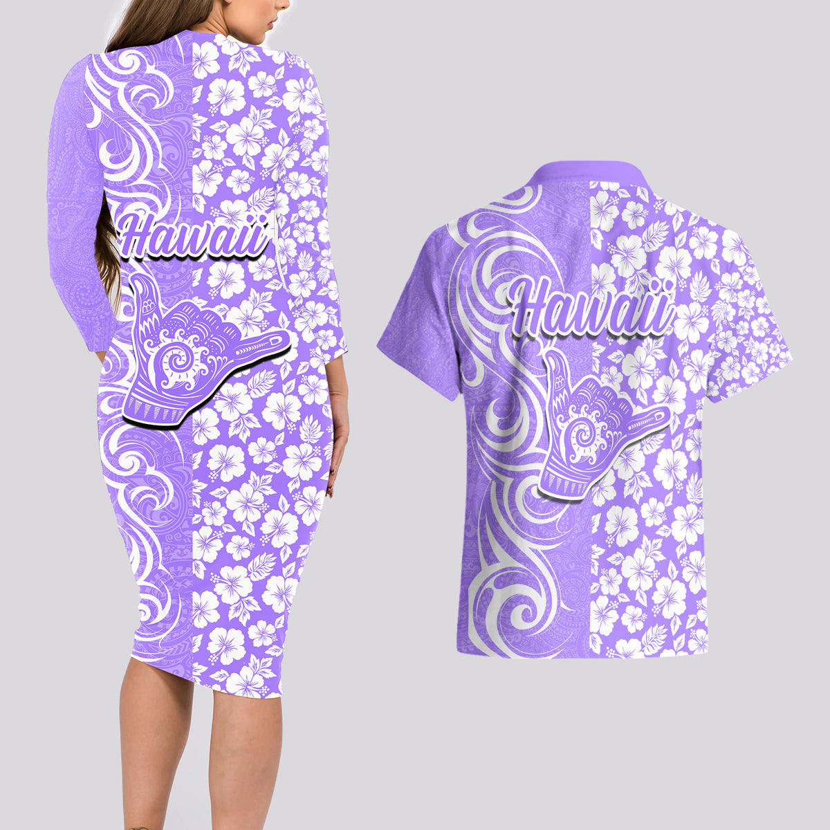 Hawaii Kauai Island Couples Matching Long Sleeve Bodycon Dress and Hawaiian Shirt Hibiscus Pattern Seamless Tribal Simple Purple LT03 - Polynesian Pride