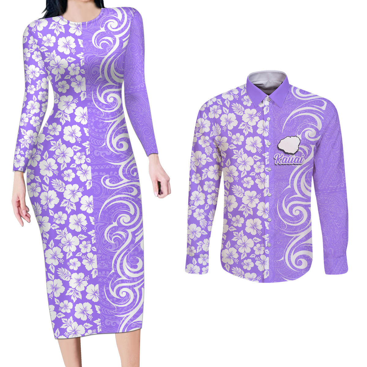 Hawaii Kauai Island Couples Matching Long Sleeve Bodycon Dress and Long Sleeve Button Shirts Hibiscus Pattern Seamless Tribal Simple Purple LT03 Purple - Polynesian Pride