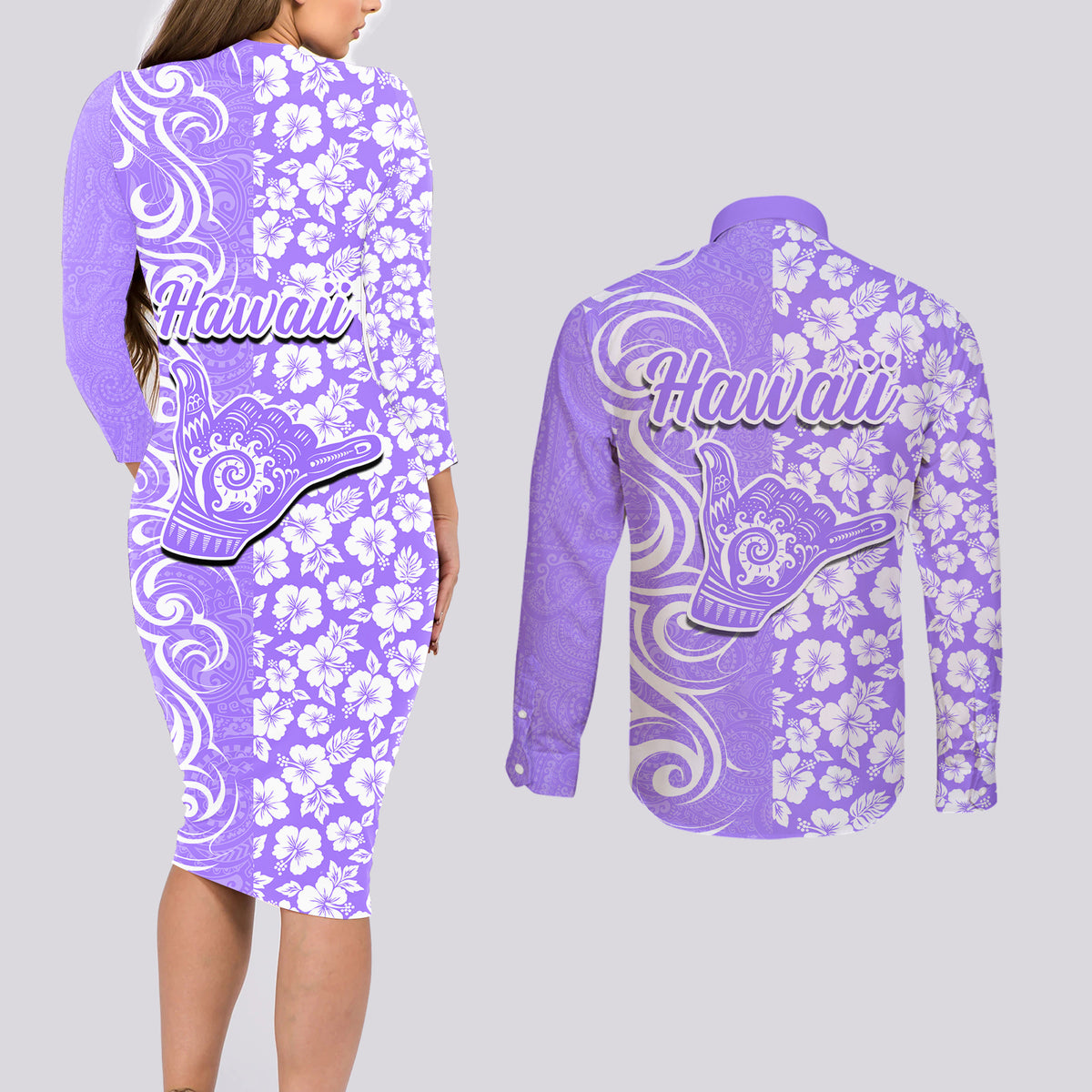 Hawaii Kauai Island Couples Matching Long Sleeve Bodycon Dress and Long Sleeve Button Shirts Hibiscus Pattern Seamless Tribal Simple Purple LT03 - Polynesian Pride
