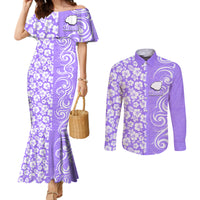 Hawaii Kauai Island Couples Matching Mermaid Dress and Long Sleeve Button Shirts Hibiscus Pattern Seamless Tribal Simple Purple LT03 Purple - Polynesian Pride