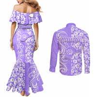 Hawaii Kauai Island Couples Matching Mermaid Dress and Long Sleeve Button Shirts Hibiscus Pattern Seamless Tribal Simple Purple LT03 - Polynesian Pride
