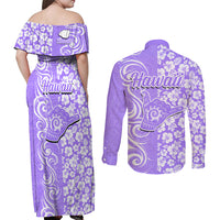 Hawaii Kauai Island Couples Matching Off Shoulder Maxi Dress and Long Sleeve Button Shirts Hibiscus Pattern Seamless Tribal Simple Purple LT03 - Polynesian Pride