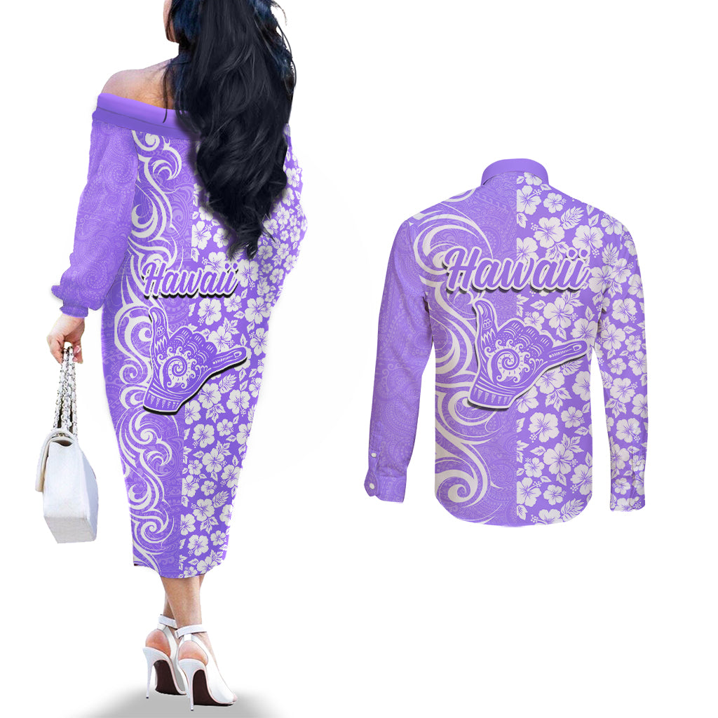 Hawaii Kauai Island Couples Matching Off The Shoulder Long Sleeve Dress and Long Sleeve Button Shirts Hibiscus Pattern Seamless Tribal Simple Purple LT03 - Polynesian Pride