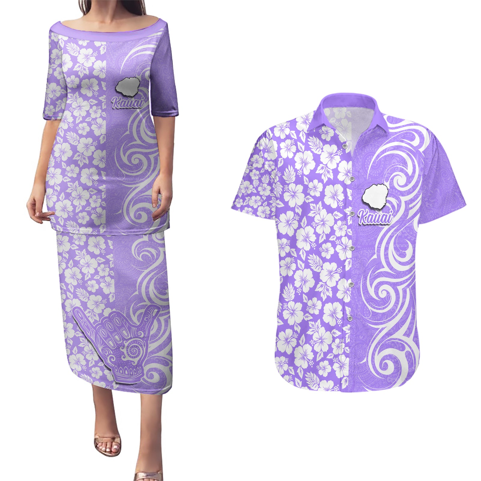 Hawaii Kauai Island Couples Matching Puletasi Dress and Hawaiian Shirt Hibiscus Pattern Seamless Tribal Simple Purple LT03 Purple - Polynesian Pride