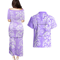 Hawaii Kauai Island Couples Matching Puletasi Dress and Hawaiian Shirt Hibiscus Pattern Seamless Tribal Simple Purple LT03 - Polynesian Pride