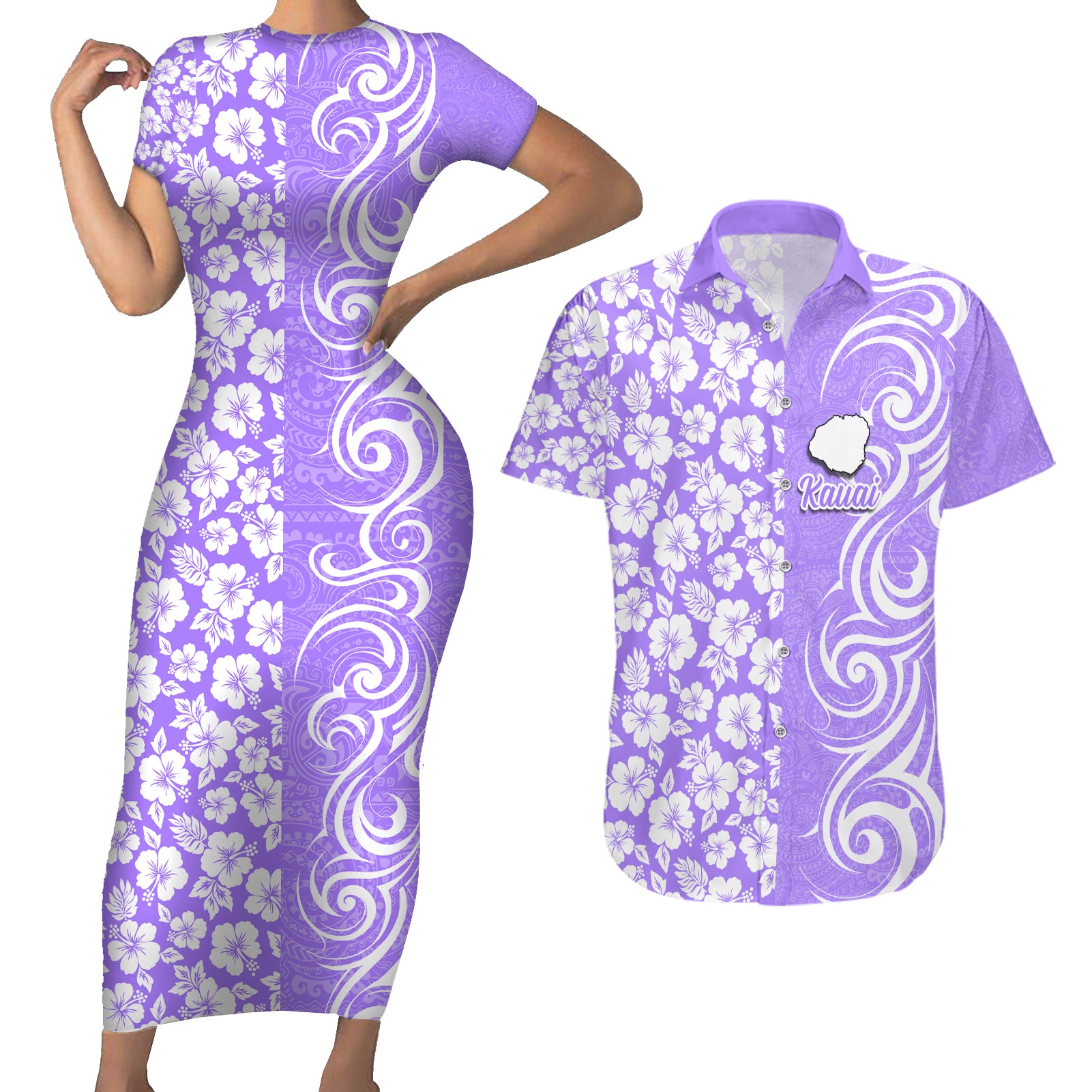 Hawaii Kauai Island Couples Matching Short Sleeve Bodycon Dress and Hawaiian Shirt Hibiscus Pattern Seamless Tribal Simple Purple LT03 Purple - Polynesian Pride