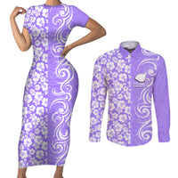 Hawaii Kauai Island Couples Matching Short Sleeve Bodycon Dress and Long Sleeve Button Shirts Hibiscus Pattern Seamless Tribal Simple Purple LT03 Purple - Polynesian Pride