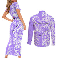 Hawaii Kauai Island Couples Matching Short Sleeve Bodycon Dress and Long Sleeve Button Shirts Hibiscus Pattern Seamless Tribal Simple Purple LT03 - Polynesian Pride