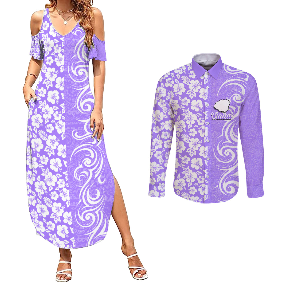 Hawaii Kauai Island Couples Matching Summer Maxi Dress and Long Sleeve Button Shirts Hibiscus Pattern Seamless Tribal Simple Purple LT03 Purple - Polynesian Pride