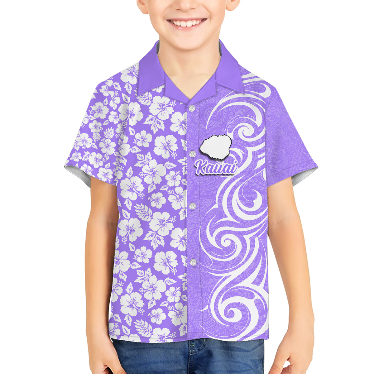 Hawaii Kauai Island Kid Hawaiian Shirt Hibiscus Pattern Seamless Tribal Simple Purple LT03 Kid Purple - Polynesian Pride