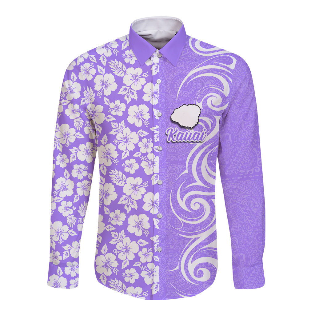 Hawaii Kauai Island Long Sleeve Button Shirt Hibiscus Pattern Seamless Tribal Simple Purple LT03 Unisex Purple - Polynesian Pride