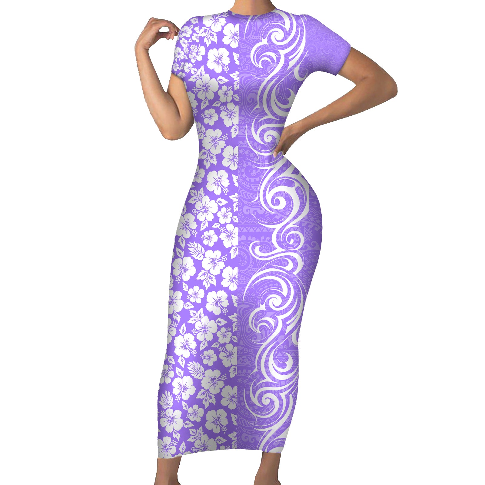 Hawaii Kauai Island Short Sleeve Bodycon Dress Hibiscus Pattern Seamless Tribal Simple Purple LT03 Long Dress Purple - Polynesian Pride
