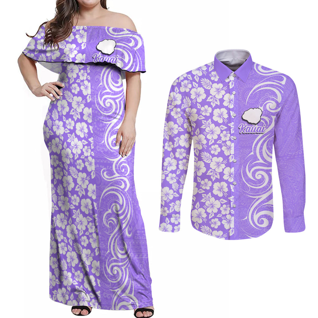 Custom Hawaii Kauai Island Couples Matching Off Shoulder Maxi Dress and Long Sleeve Button Shirts Hibiscus Pattern Seamless Tribal Simple Purple LT03 Purple - Polynesian Pride