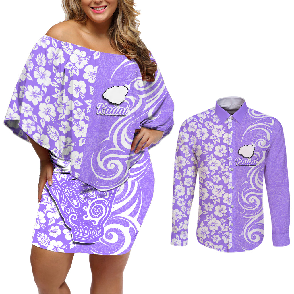 Custom Hawaii Kauai Island Couples Matching Off Shoulder Short Dress and Long Sleeve Button Shirts Hibiscus Pattern Seamless Tribal Simple Purple LT03 Purple - Polynesian Pride