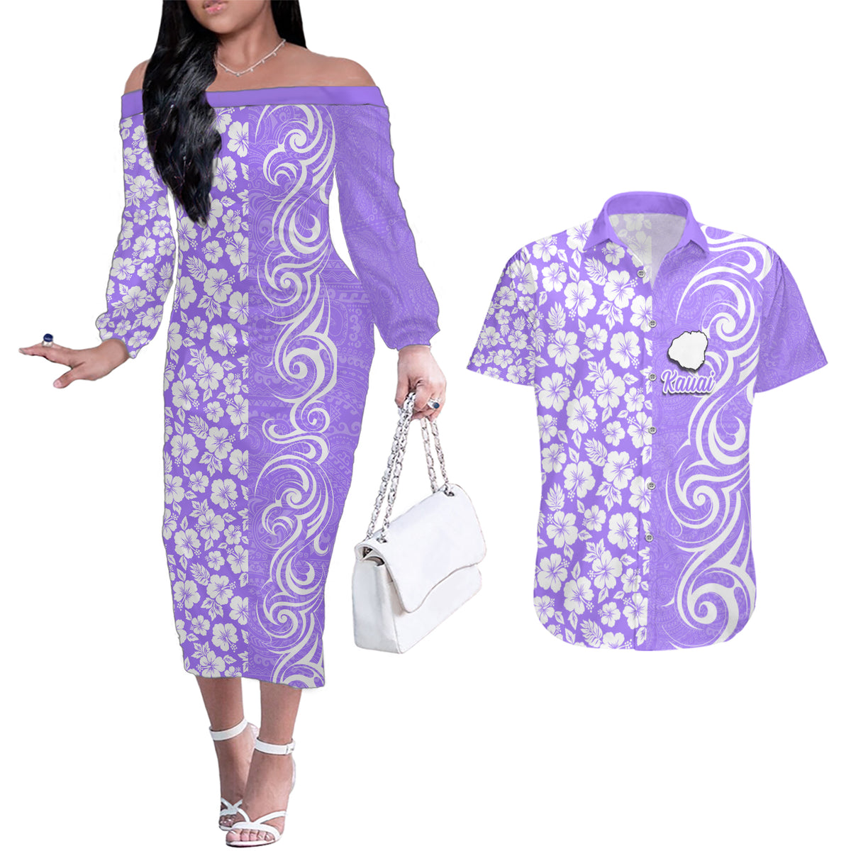 Custom Hawaii Kauai Island Couples Matching Off The Shoulder Long Sleeve Dress and Hawaiian Shirt Hibiscus Pattern Seamless Tribal Simple Purple LT03 Purple - Polynesian Pride