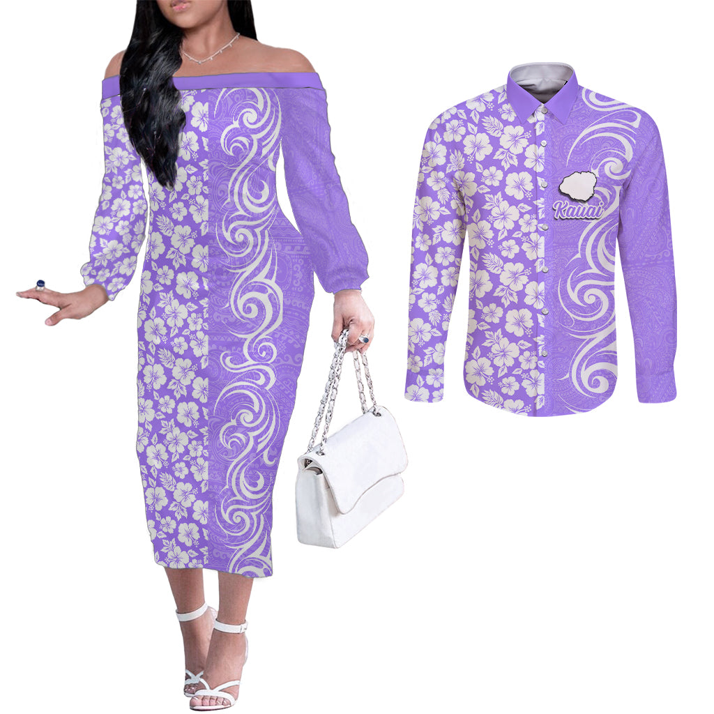 Custom Hawaii Kauai Island Couples Matching Off The Shoulder Long Sleeve Dress and Long Sleeve Button Shirts Hibiscus Pattern Seamless Tribal Simple Purple LT03 Purple - Polynesian Pride