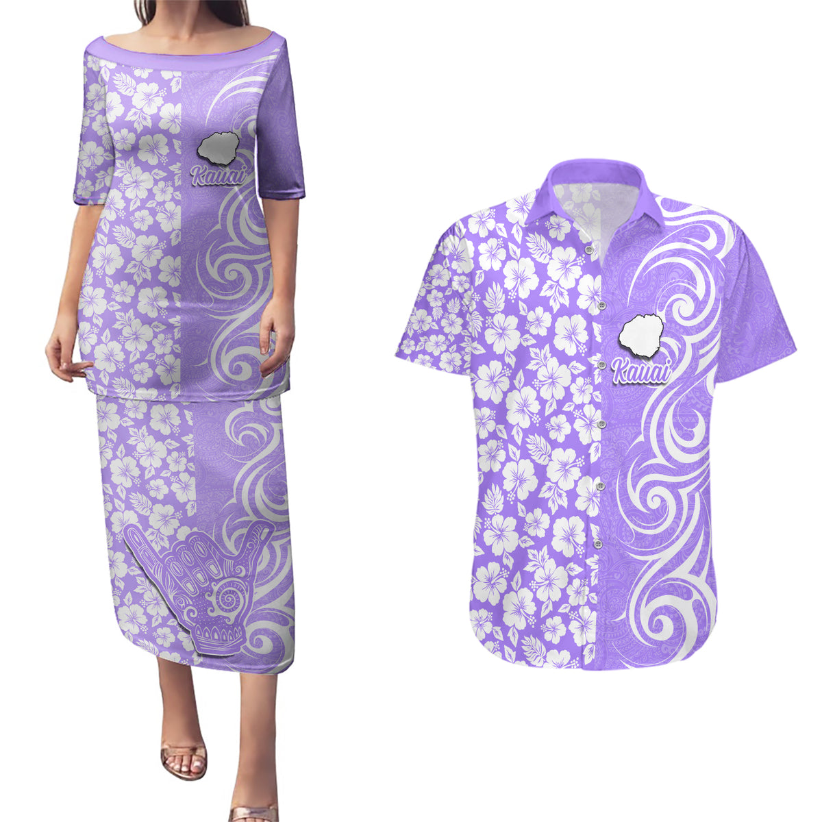 Custom Hawaii Kauai Island Couples Matching Puletasi Dress and Hawaiian Shirt Hibiscus Pattern Seamless Tribal Simple Purple LT03 Purple - Polynesian Pride