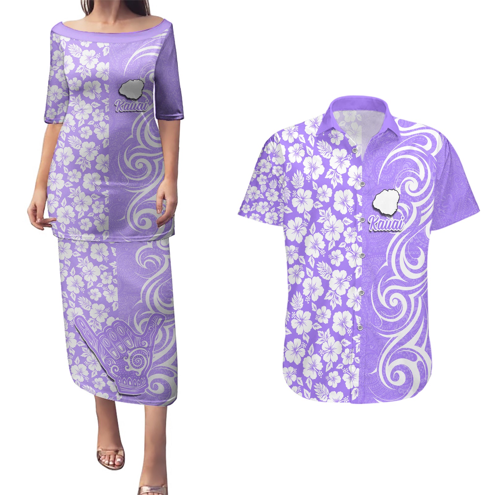 Custom Hawaii Kauai Island Couples Matching Puletasi Dress and Hawaiian Shirt Hibiscus Pattern Seamless Tribal Simple Purple LT03 Purple - Polynesian Pride